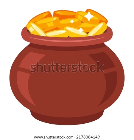 brown clay pot full of gold coins. flat vector illustration.