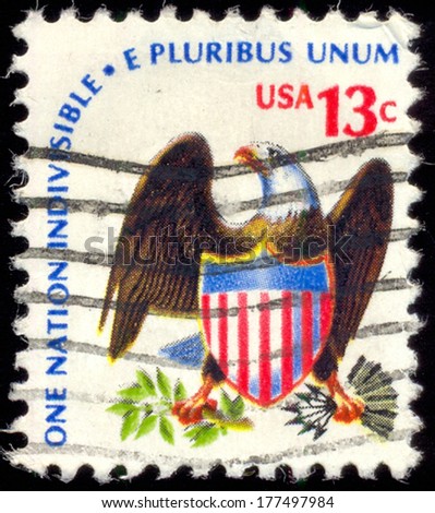 UNITED STATES OF AMERICA - CIRCA 1975: A stamp printed in the United States of America shows eagle and shield with the wording \
