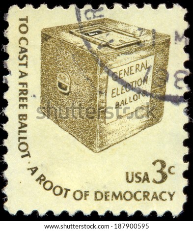UNITED STATES OF AMERICA - CIRCA 1970: A stamp printed in the USA shows words To cast a free ballot - a root of democracy, circa 1970
