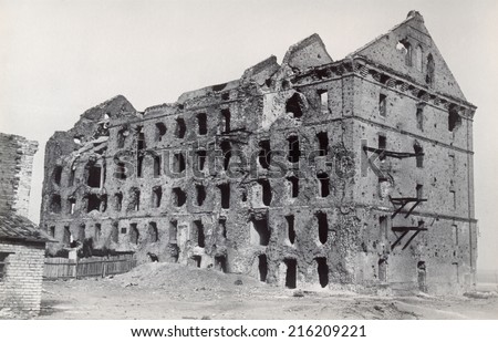 USSR - CIRCA 1963: An antique photo of mill, ruined during the World War 2, as a war monument in a center of Volgograd (former Stalingrad). Russia