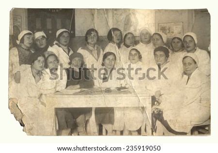 USSR - CIRCA 1933: An antique Black & White photo of Old photograph nurses.