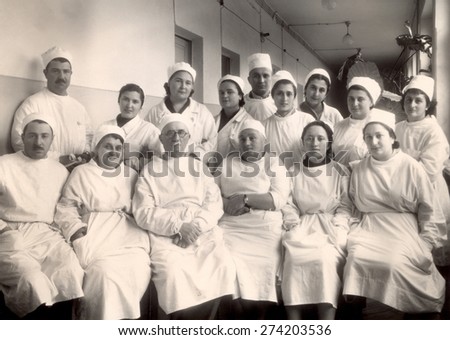 USSR - CIRCA 1958: Vintage photo shows ophtalmology hospital personnel group.