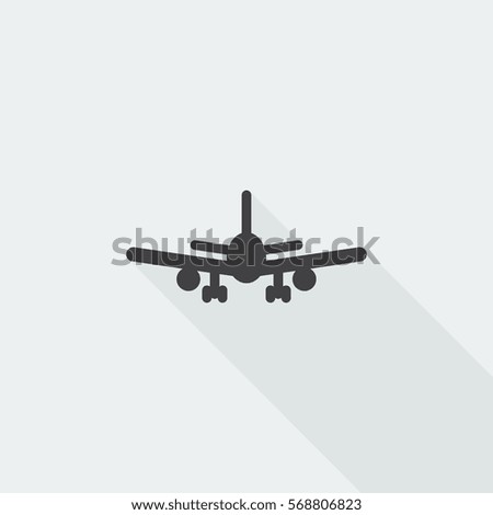 Black flat Airplane icon with long shadow on white background