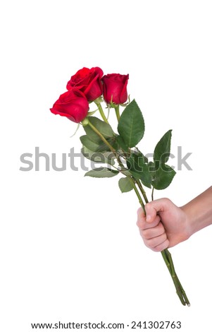red rose bouquet flowers in hand men isolated on white clipping path included