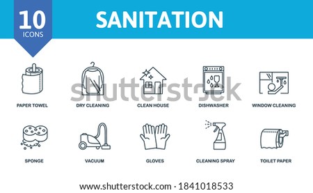 Sanitation icon set. Collection contain window cleaning, dishwasher, robot vacuum cleaner, clean house, dry cleaning and over icons. Sanitation elements set.