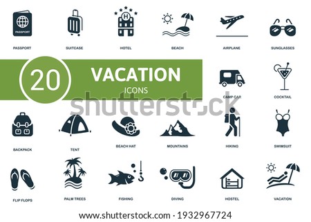 Vacation icon set. Contains editable icons vacation theme such as suitcase, beach, sunglasses and more.