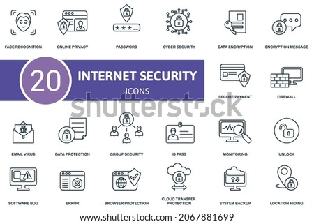 Internet Security icon set. Collection of simple elements such as the face recognition, online privacy, password, firewall, email virus, group security, cyber security.