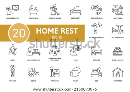Home Rest set icon. Contains home rest illustrations such as taking bath, deep sleep, cozy room and more. Photo stock © 