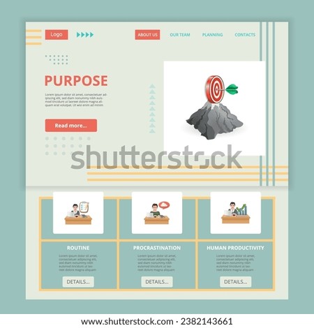 Purpose flat landing page website template. Routine, procrastination, human productivity. Web banner with header, content and footer. Vector illustration.