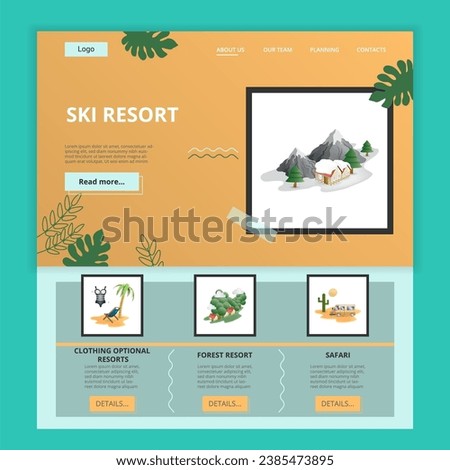 Ski resort flat landing page website template. Clothing optional resort, forest resort, safari. Web banner with header, content and footer. Vector illustration.