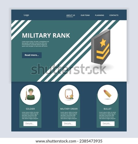 Military rank flat landing page website template. Soldier, military order, bullet. Web banner with header, content and footer. Vector illustration.