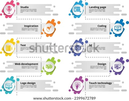 Infographics with Creative Package theme icons, 10 steps. Such as studio, inspiration, test, web development and more.