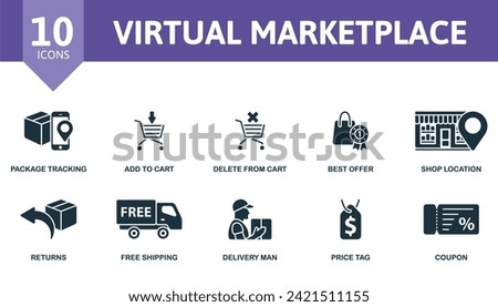 Virtual marketplace icons set. Creative icons: package tracking, add to cart, delete from cart, best offer, shop location, returns, free shipping, delivery man, price tag, coupon.
