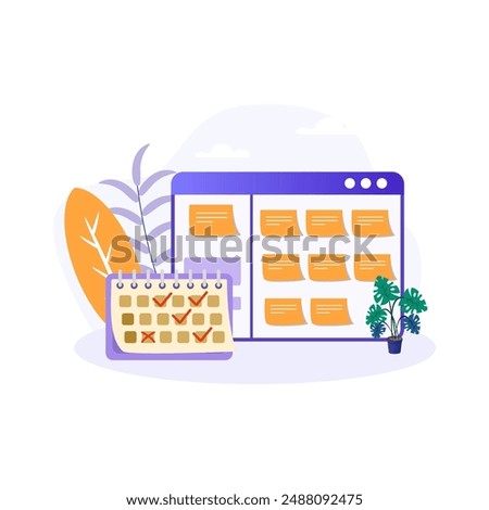 Long-range planning illustration. Calendar, note, text, checkmark, plant. Editable vector graphic design.