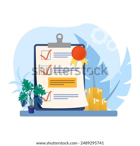 Quality control illustration. Document, badge, checkmark, box, plant. Editable vector graphic design.