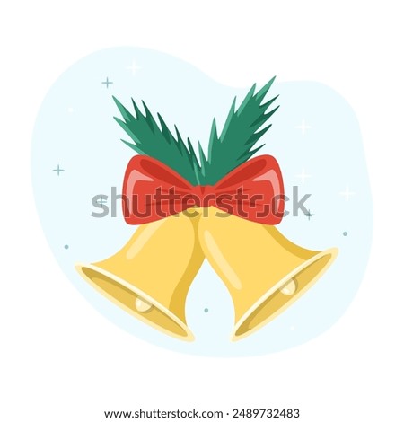 Two golden christmas bells ringing with red bow and pine branches