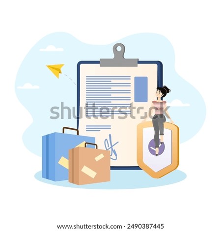 Young woman sitting on clock shield protecting travel contract with suitcases and paper plane