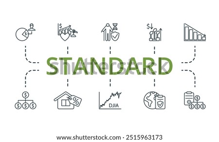 Standard thin line icon set. Monochrome simple Standard icon collection. Externalities, European Central, Enterprise Value, Earnings Per Share, Ebitda, Derivatives, Discount Mortgage, Dow Jones Index