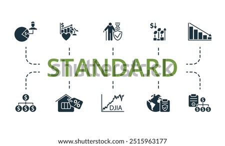 Standard icon set. Monochrome simple Standard icon collection. Externalities, European Central, Enterprise Value, Earnings Per Share, Ebitda, Derivatives, Discount Mortgage, Dow Jones Index, Global