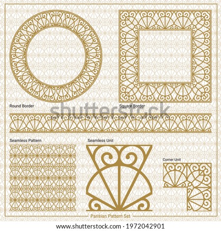 Ornamental border, square frame, circle frame and a seamless Classic pattern, inspired by the metal works of the Eiffel tower in Paris, France (Vector Gold pattern with seamless  design elements) 商業照片 © 