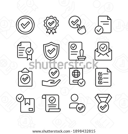 Approve icon set. Contains such Icons as quality check, checklist, and more. Line style design. Vector graphic illustration. Suitable for website design, app, template, ui.