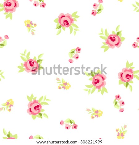 Seamless floral pattern with little flowers pink roses, vector floral illustration in vintage style.