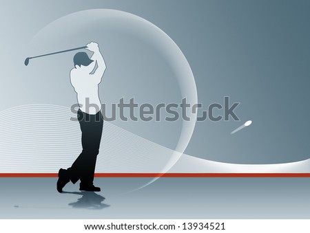 Illustration of a golf swing, in shades of blue and red