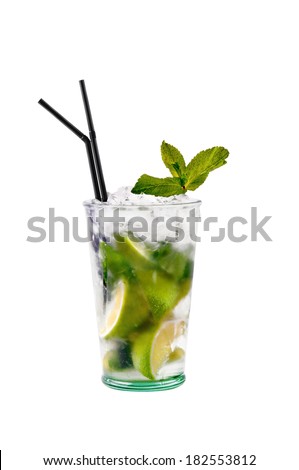 Cocktail collection: Fresh mojito isolated on white background. Ingredients: white rum, lime, mint, sugar and water