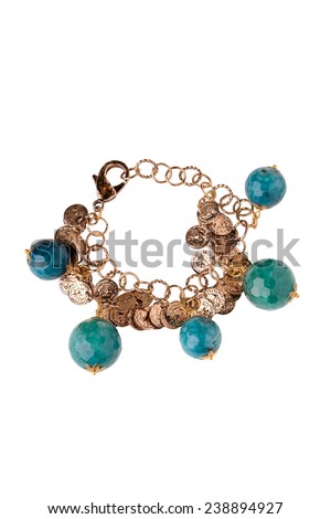 golden jewelery with beads accessory bracelet on white background