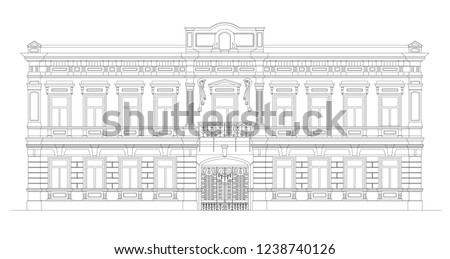 Vector europe building in classicism. Classic architecture style. Drawing of facade of old historical building with beaytiful iron shod gates. Outline.