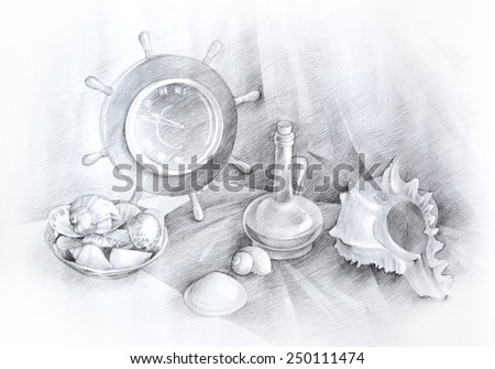Pencil drawing of a sea still life with seashells and anchor