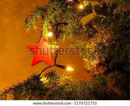 a red wooden star decoration hangs in a christmas tree with christmas lights 1176721735 - African Christmas a red wooden star decoration hangs in a christmas tree with christmas lights 1176721735 - African Christmas