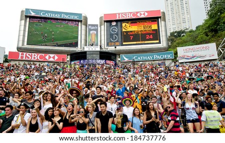 Hong Kong, 30 Mar 14 -Â?Â? Fans crowd in the stadium during the Hong Kong Sevens 2014 at Hong Kong Stadium on 30 March 2014 in Hong Kong
