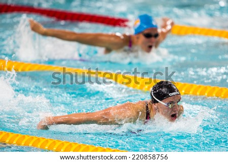 Hong Kong -30 September 2014: Katinka Hosszu of Hungary swims to win Women\'s 400 Individual Medley final during the FINA Swimming World Cup 2014 at Hong Kong on 30 Sep 2014