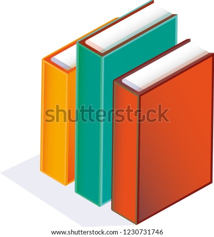 Orange red and green books, Stacked and standing, shadow to the left, crisp and clean, new, education books, no title or text, 3d stacked isometric art, vertical