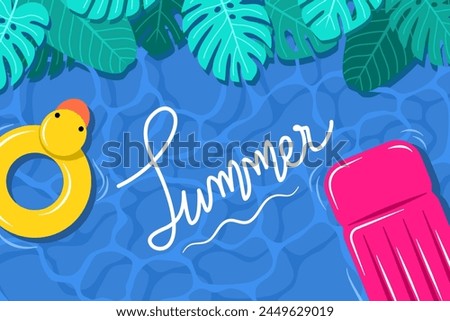 Horizontal Banner of pool water with summer tropical leaves, swim ring and handwriting of “Summer” word in the center.