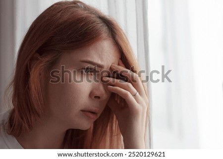 Similar – Image, Stock Photo Downcast Woman with Hair Covering Face