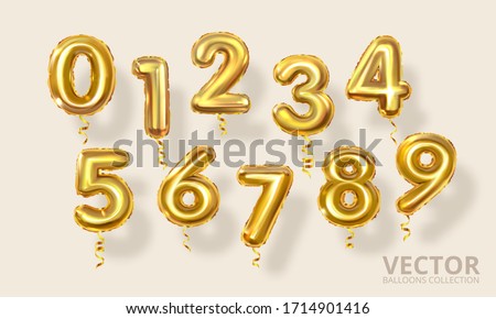 Golden Number Balloons 0 to 9. Realistic 3d render air balloon. Helium balloons. Party, birthday, celebrate anniversary and wedding. Realistic design elements. Festive set isolated. Vector illustratio