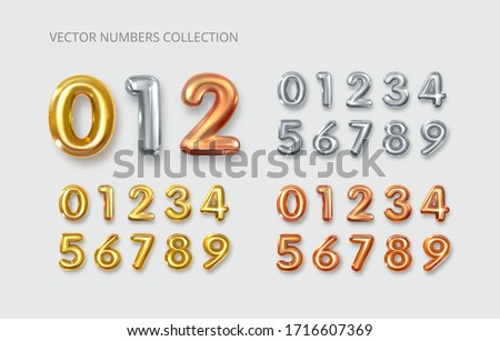 Gold, silver, copper numbers. Balloons from 0 to 9. 3d numbers. Party, birthday, anniversary and wedding celebration. Golden round font. Realistic design elements. Festive set isolated. Vector