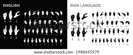 American Sign Language ASL Alphabet and numbers. Dactyl alphabet. Deaf-mutes hand language. Learning alphabet, nonverbal deaf-mute communication. Vector 