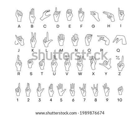English Sign Language ASL Alphabet. Deaf-mutes hand language. Learning alphabet, nonverbal deaf-mute communication. Vector illustration