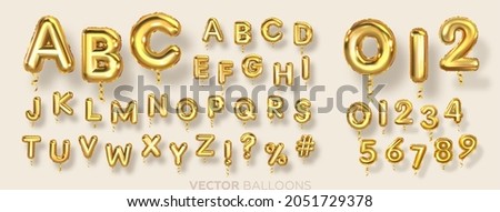 English alphabet and numbers Balloons. Helium balloons. Gold balloons for text, letter, holiday. Festive, realistic set. Letters from A to Z. Vector illustration.