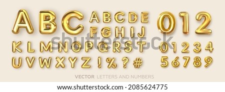 Set of gold isolated alphabet letters and numbers. Gold yellow metallic letter. Alphabetical font. Foil symbol. Bright metallic 3D, realistic vector illustration
