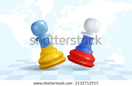 Chess with flags of Ukraine and Russia. political games. Vector realistic illustration