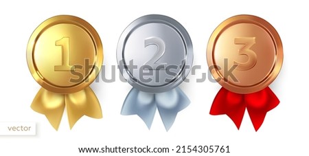 Gold, silver and bronze medals. A set of medals for first, second and third place. For winners and champions with ribbon. Trophy for first place. Vector illustration