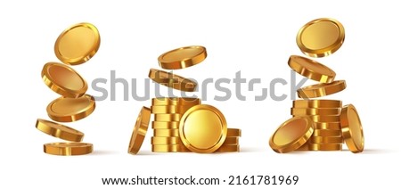 Stacks of gold coins. Isolated on background. Falling treasures. Accumulation of gold. Vector graphics