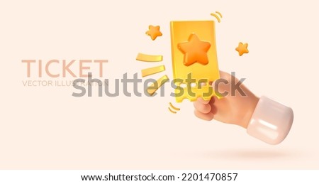 Ticket in hand, Voucher with star isolated on background, Realistic 3d graphics. Vector illustration