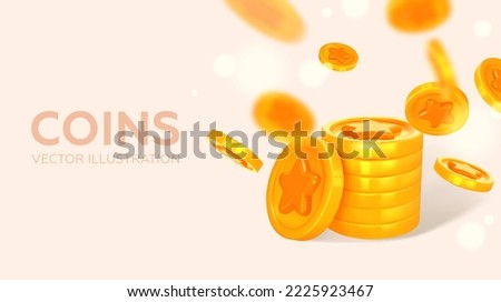 Banner with coins. Stack of coins and falling coins. 3d style, realism. Vector illustration