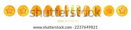 Coin turnaround, rotation at different angles for animation. Turnover of a coin with a star. Rotating in different positions. A set of 3d money in different directions. Vector illustration