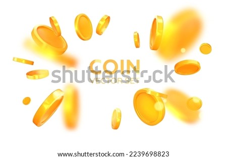 Scattering realistic, golden 3D coins. Explosion, falling coins. Isolated on background. Vector illustration